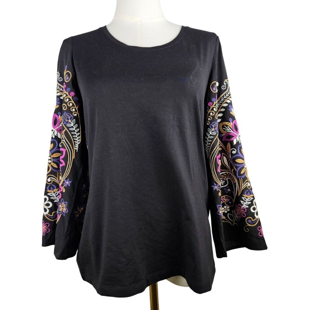 Chico's Black Embroidered Long Sleeve Top Knit Woven Size Small Boho Feminine